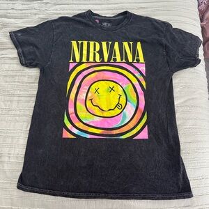 Nirvana Neon Smiley Distressed Black Band Tee Size L NWOT